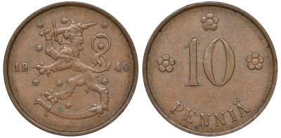 Финляндия 10 пенни 1940 республика (1918-1962) KM 24 медь 51-3322