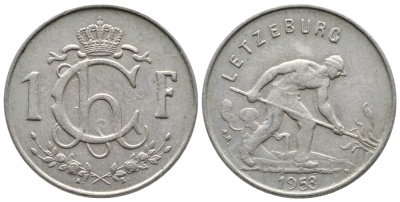 ЛЮКСЕМБУРГ 1 ФРАНК 1953 СТАЛЕВАР KM 46.2 медно-никель 53-1146