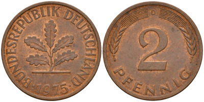 ФРГ 2 пфеннига 1975 D J.381a, KM 106a сталь плакированная медью    4598-824