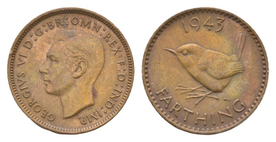 Великобритания 1 фартинг 1943 Георг VI (1936-1952) KM 843, Spink 4116 бронза 4664-346
