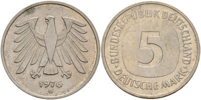 ФРГ 5 марок 1976 G KM 140.1, J. 415 медно-никель 4157-236