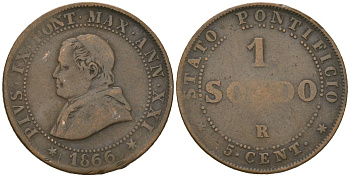 Папская область 1 сольдо = 5 центов 1866 R, Пий IX (1846-1878) KM 1372.1 медь 92-621