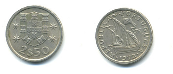 ПОРТУГАЛИЯ 2,5 ЭСКУДО 1972 ПАРУСНИК KM 590 медно-никель 176-123