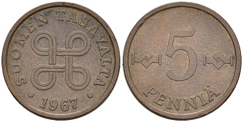 Финляндия 5 пенни 1967 KM 45 медь 4564-864