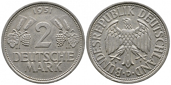 ФРГ 2 марки 1951 D J 386, KM 111 медно-никель плакированный никелем 413-2212