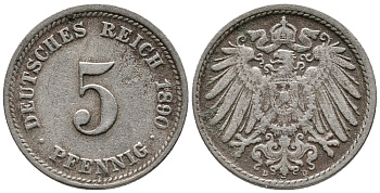 ГЕРМАНИЯ 5 ПФЕННИГОВ 1890 D KM 11, J. 12 медно-никель 39-626
