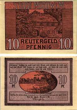 МИРОВ 10 ПФЕННИГОВ 1922 НОТГЕЛЬД, 31 МАЯ 1922, ЗЕМЛЯ МЕКЛЕНБУРГ-ПЕРЕДНЯЯ ПОМЕРАНИЯ Grabowski 889.1 бумага 8608-11-1-2