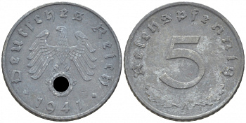 ГЕРМАНИЯ 5 РЕЙХСПФЕННИГОВ 1941 A, KM 100, J. 370 цинк 3309-934