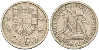 Португалия 2,5 эскудо 1980 парусник KM 590 медно-никель 213-243