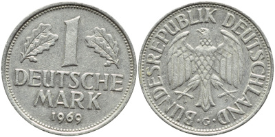 ФРГ 1 марка 1969 G КМ 110 J.385 медно-никель 85-351