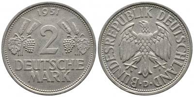 ФРГ 2 марки 1951 D J 386, KM 111 медно-никель плакированный никелем 413-2212