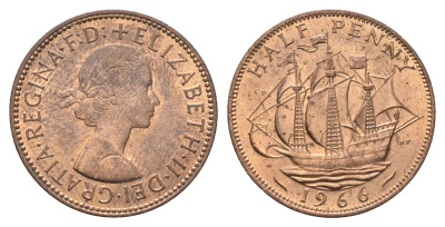 Великобритания 1/2 пенни 1966 Елизавета II (1952-2022) KM 896, Spink 4158 бронза aUNC 4662-1251