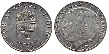 Швеция 1 крона 1983 Карл XVI Густав (1973- ) KM 852a медно-никель 4397-1057