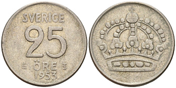 Швеция 25 эре 1953 TS, Густав VI Адольф (1950-1973) KM 824 серебро 4147-1034