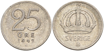 Швеция 25 эре 1949 TS, Густав V (1907-1950) KM 816 серебро 4147-1014