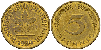 ФРГ 5 пфеннигов 1989 J J.382, KM 107 сталь плакированная латунью    4598-1063
