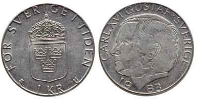 Швеция 1 крона 1983 Карл XVI Густав (1973- ) KM 852a медно-никель 4397-1057