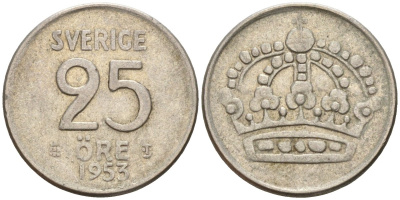 Швеция 25 эре 1953 TS, Густав VI Адольф (1950-1973) KM 824 серебро 4147-1034