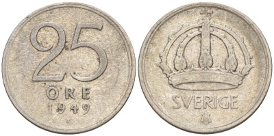 Швеция 25 эре 1949 TS, Густав V (1907-1950) KM 816 серебро 4147-1014