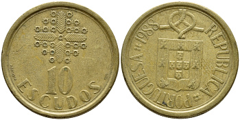 ПОРТУГАЛИЯ 10 ЭСКУДО 1988 KM 633 никель латунь 4395-957