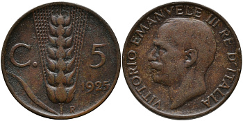 ИТАЛИЯ 5 ЧЕНТЕЗИМО 1925 R, ВИКТОР ИМАНУИЛ KM 59 медь 4392-912