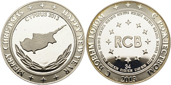 Россия медаль 2013 RCB банк, дочка ВТБ на Кипре, в оригинальной коробке, тираж 80 экз., сертификат, № 34 серебро PROOF 8-1-04-06