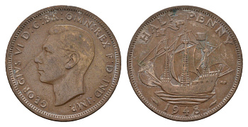 Великобритания 1/2 пенни 1948 Георг VI (1936-1952) KM 844, Spink 4115 бронза 4675-424
