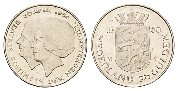 Нидерланды 2 1/2 гульдена 1980 коронация Беатрикс, 30 апреля 1980 KM 201 никель 4683-824