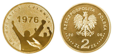 Польша 2 злотых 2006 MW, 30 лет акциям протеста в июне 1976 года KM 571 нордик UNC 603-535