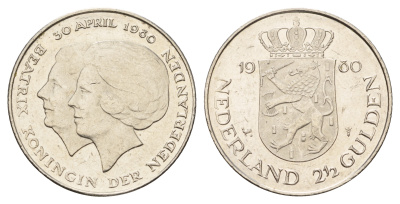 Нидерланды 2 1/2 гульдена 1980 коронация Беатрикс, 30 апреля 1980 KM 201 никель 4683-824
