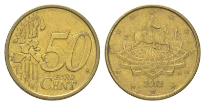 Италия 50 евроцентов 2002 R, Конная статуя Марка Аврелия KM 215 нордик 4629-343