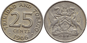 Тринидад и Тобаго 25 центов 1966 герб KM 4 медно-никель 4396-638
