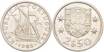 ПОРТУГАЛИЯ 2,5 ЭСКУДО 1985 ПАРУСНИК KM 590 медно-никель 4523-1121