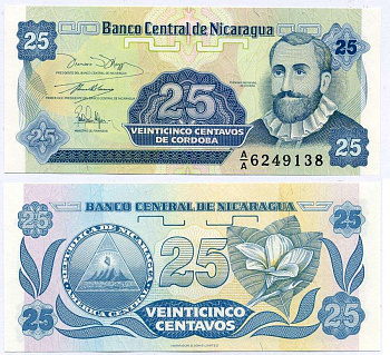 Никарагуа 25 сентаво 1991 Франсиско Эрнандес де Кордоба Pick 170 a бумага UNC (пресс) 6262-26-2-2