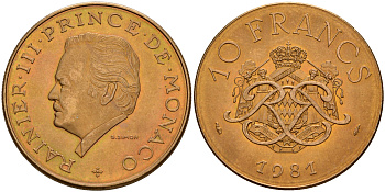 Монако 10 франков 1981 Ренье III (1949-2005) KM 154 медь алюминий никель  UNC 4595-226