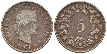 Швейцария 5 раппенов 1901 B KM 26 медно-никель 4617-416