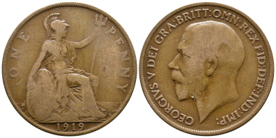 Великобритания 1 пенни 1919 Георг V (1910-1936) KM 810, Spink 4051 бронза    08-611