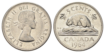 Канада 5 центов 1964 Елизавета II (1952-2022), бобр KM 57 никель 4689-338