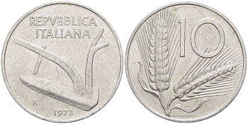 ИТАЛИЯ 10 ЛИР 1973 R, КОЛОСЬЯ, ПЛУГ KM 93 алюминий 4551-217