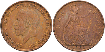 Великобритания 1 пенни 1931 Георг V (1910-1936) КМ 838, Spink 4055 бронза 4593-222