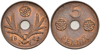 ФИНЛЯНДИЯ 5 ПЕННИ 1941 KM 64.1 медь 192-1062