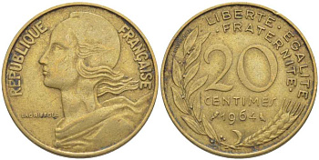 ФРАНЦИЯ 20 САНТИМОВ 1964 ТИП MARIANNE KM 930, LE FRANC 156.4 алюминиевая бронза 175-824