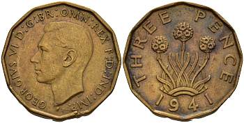 Великобритания 3 пенса 1941 Георг VI (1936-1952) KM 849, Spink 4112 никель латунь  4603-857