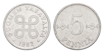 Финляндия 5 пенни 1982 KM 45a алюминий 4647-315