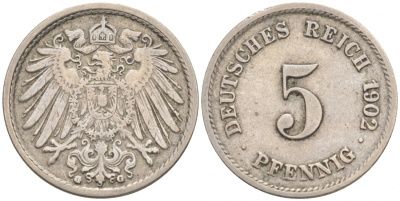 ГЕРМАНИЯ 5 ПФЕННИГОВ 1902 G, KM 11, J. 12 медно-никель 73-1556