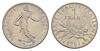 Франция 1 франк 1961 сеятель KM 925 никель 4539-1223