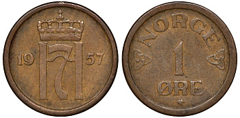 НОРВЕГИЯ 1 ЭРЕ 1957 KM 398 бронза 72-1059