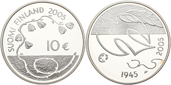 Финляндия 10 евро 2005 60 лет мира в Европе, голубь мира KM 120 серебро PROOF 1066-1-43