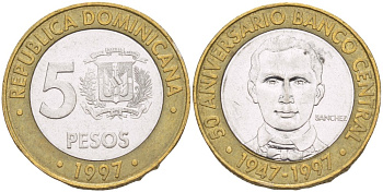 Доминиканская республика 5 песо 1997 50 лет центральному банку KM 88 биметалл 4541-1113