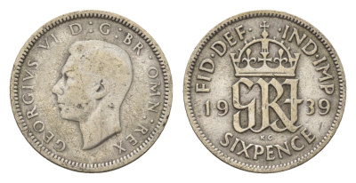 Великобритания 6 пенсов 1939 Георг VI (1936-1952) KM 852, Spink 4084 серебро 4644-1029